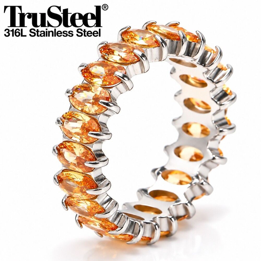 316L Stainless Steel Champagne CZ Eternity Ring Marquees Gemstone Band Size 9